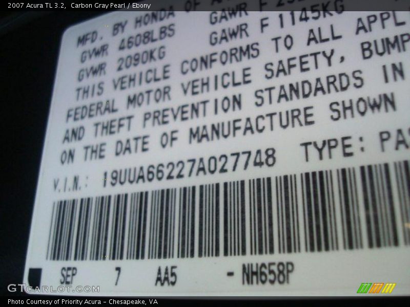 Carbon Gray Pearl / Ebony 2007 Acura TL 3.2