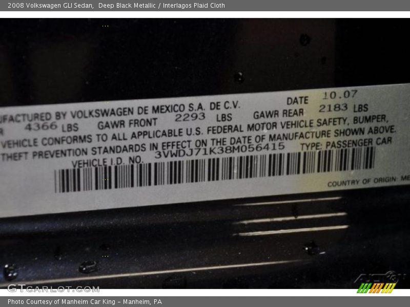 Deep Black Metallic / Interlagos Plaid Cloth 2008 Volkswagen GLI Sedan