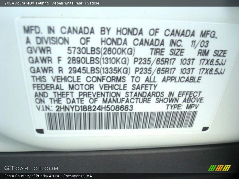 Aspen White Pearl / Saddle 2004 Acura MDX Touring
