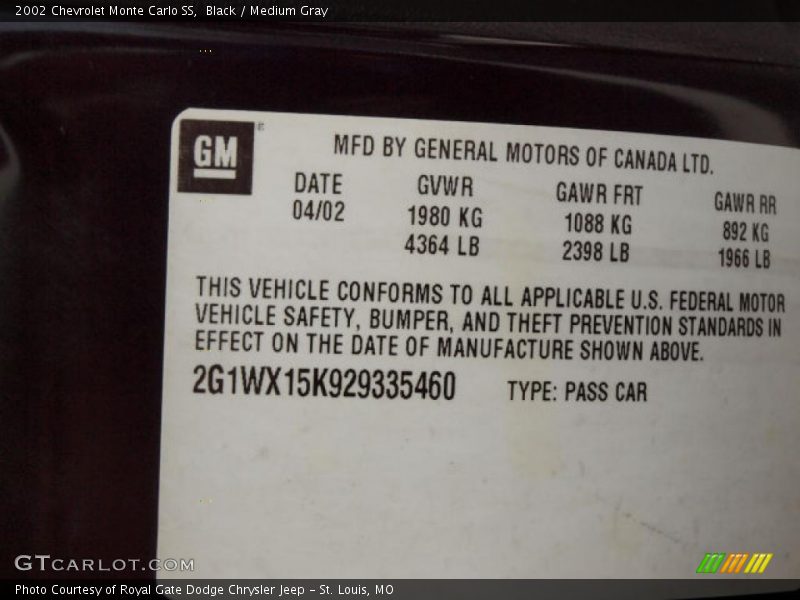 Black / Medium Gray 2002 Chevrolet Monte Carlo SS