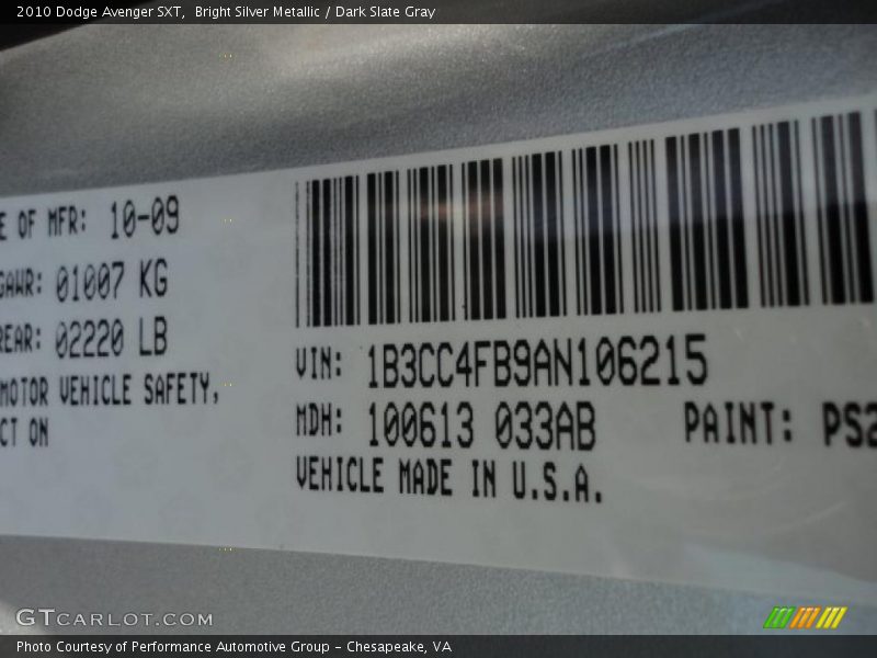 Bright Silver Metallic / Dark Slate Gray 2010 Dodge Avenger SXT