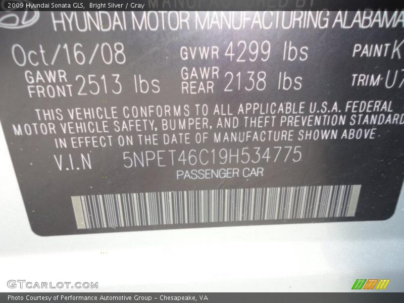 Bright Silver / Gray 2009 Hyundai Sonata GLS