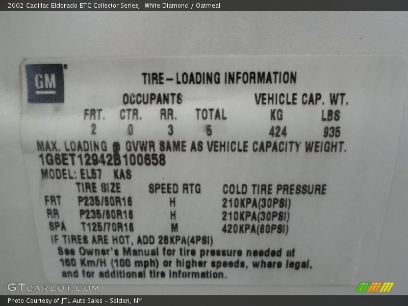 White Diamond / Oatmeal 2002 Cadillac Eldorado ETC Collector Series