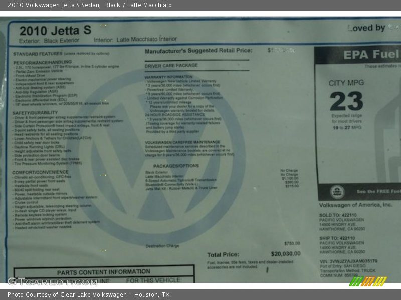 Black / Latte Macchiato 2010 Volkswagen Jetta S Sedan