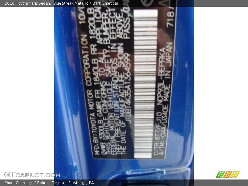 Blue Streak Metallic / Dark Charcoal 2010 Toyota Yaris Sedan