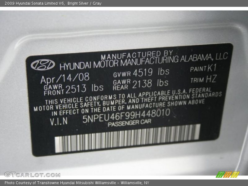 Bright Silver / Gray 2009 Hyundai Sonata Limited V6