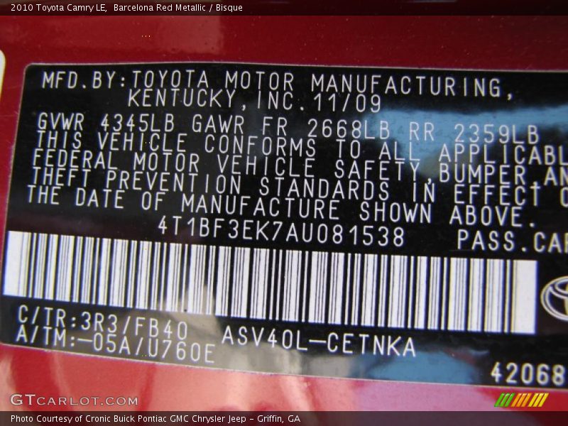 Barcelona Red Metallic / Bisque 2010 Toyota Camry LE