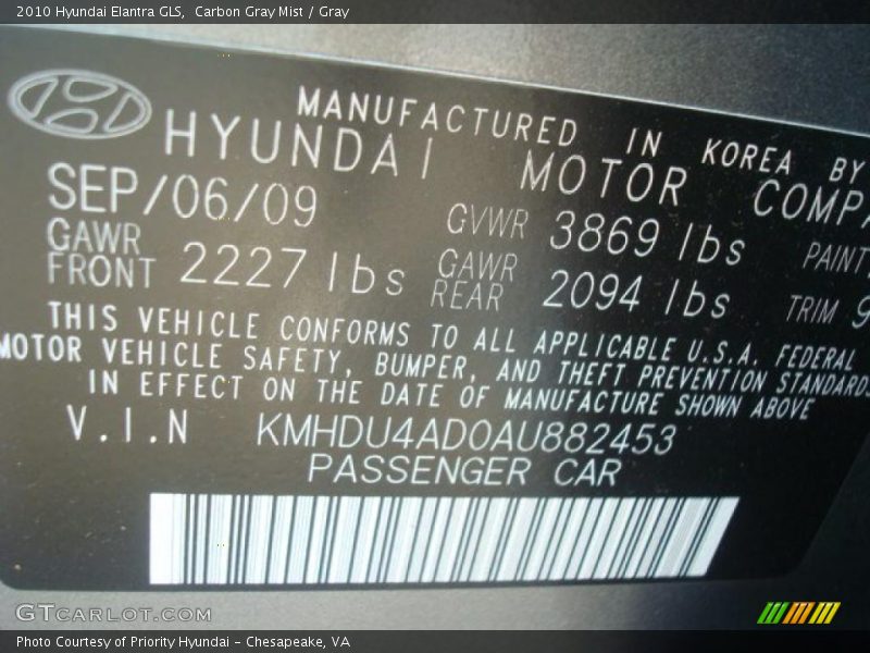 Carbon Gray Mist / Gray 2010 Hyundai Elantra GLS