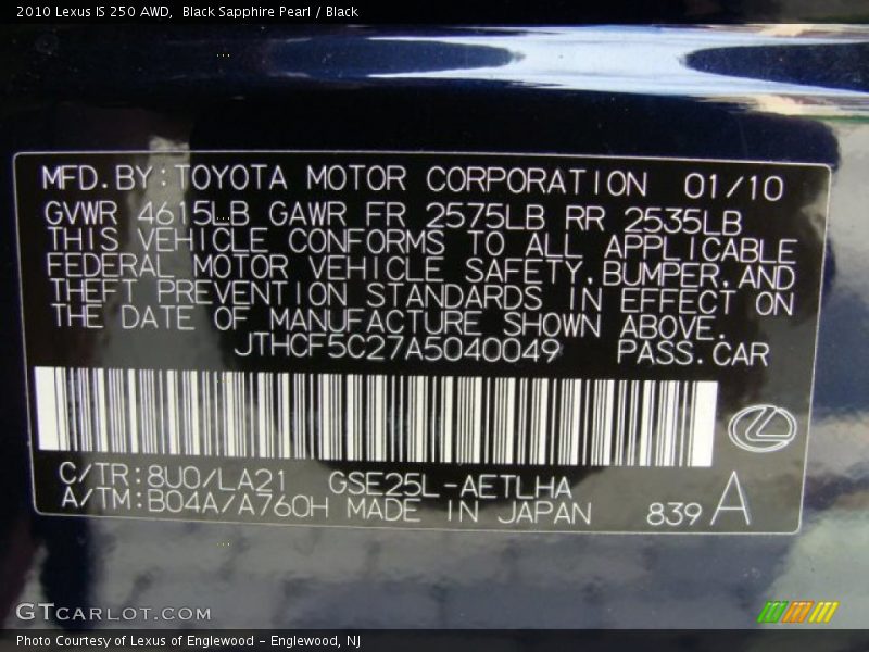 Black Sapphire Pearl / Black 2010 Lexus IS 250 AWD
