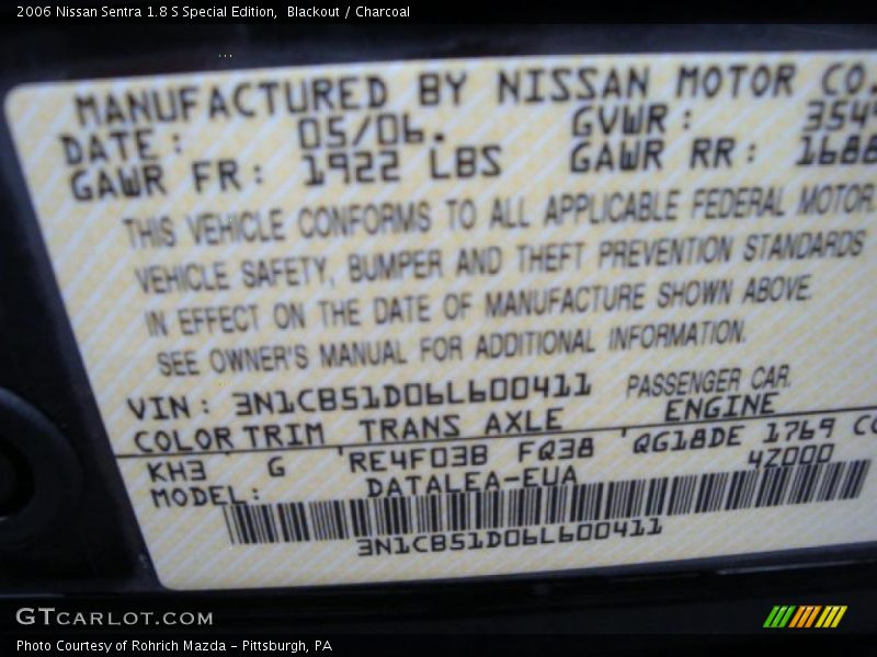 Blackout / Charcoal 2006 Nissan Sentra 1.8 S Special Edition
