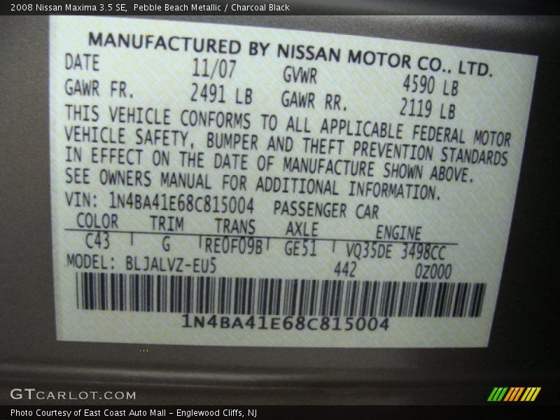 Pebble Beach Metallic / Charcoal Black 2008 Nissan Maxima 3.5 SE