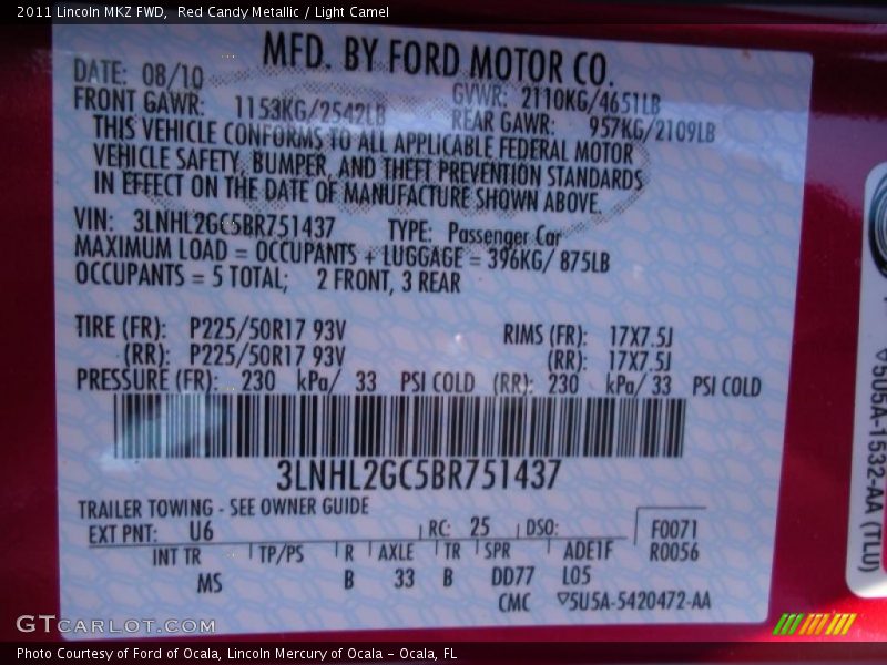 Red Candy Metallic / Light Camel 2011 Lincoln MKZ FWD