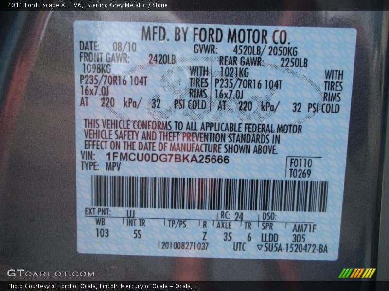 Sterling Grey Metallic / Stone 2011 Ford Escape XLT V6