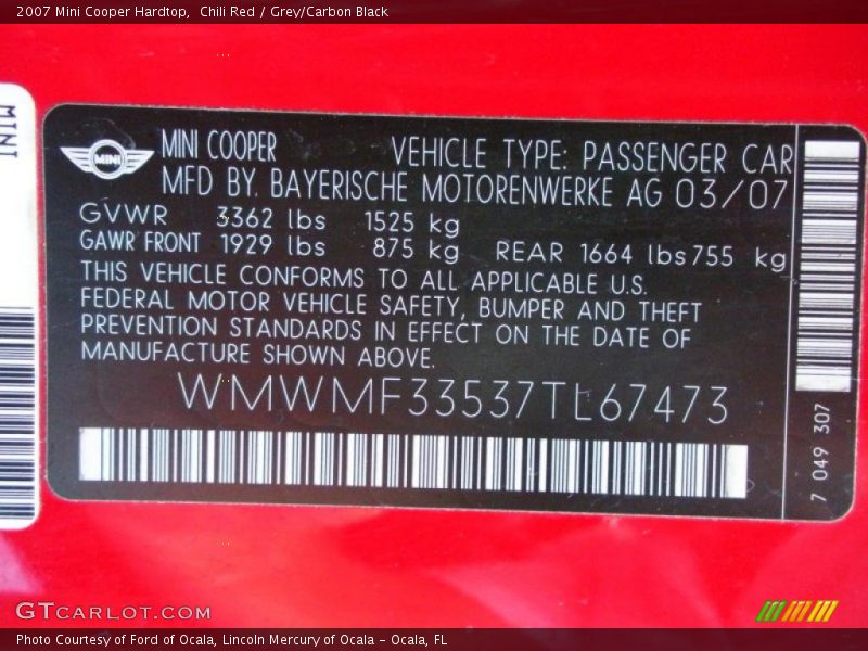 Chili Red / Grey/Carbon Black 2007 Mini Cooper Hardtop