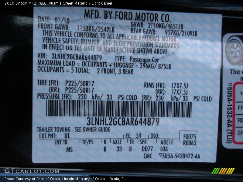 Atlantis Green Metallic / Light Camel 2010 Lincoln MKZ FWD