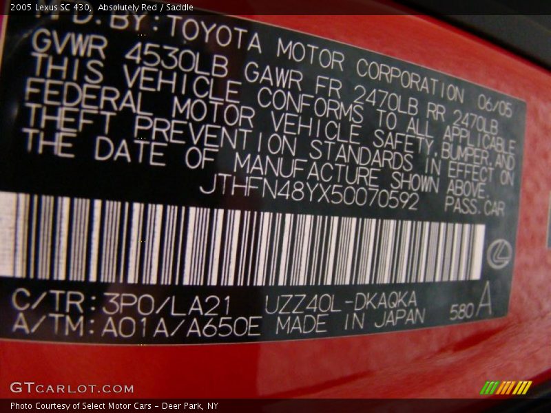 Absolutely Red / Saddle 2005 Lexus SC 430
