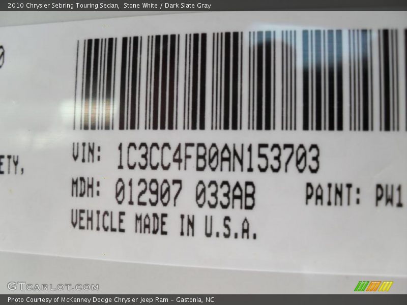 Stone White / Dark Slate Gray 2010 Chrysler Sebring Touring Sedan