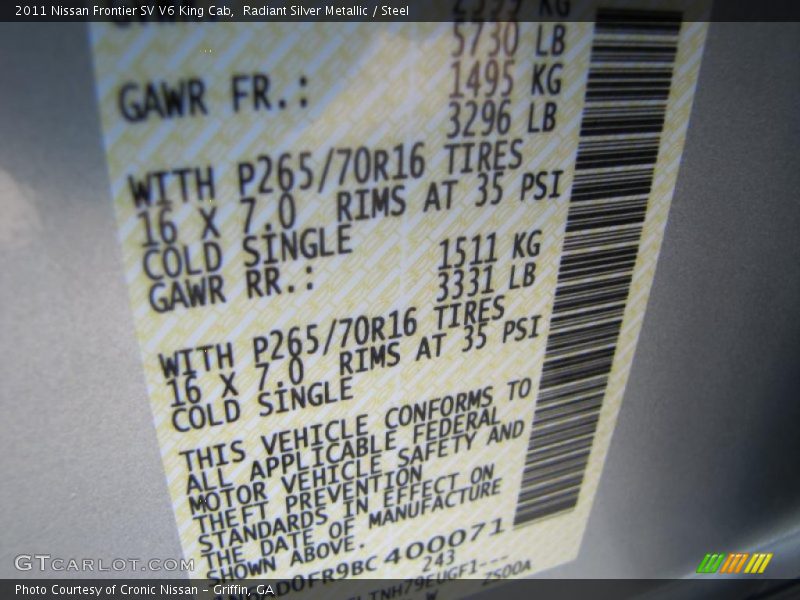 Radiant Silver Metallic / Steel 2011 Nissan Frontier SV V6 King Cab