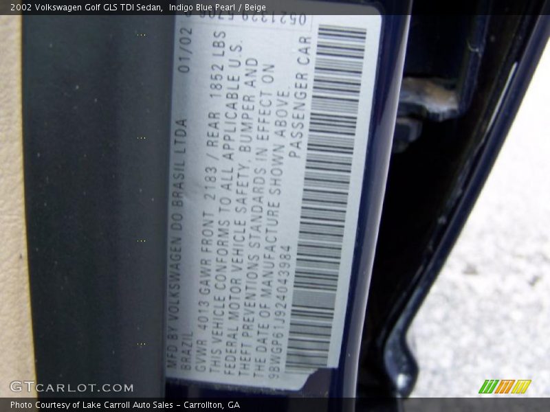 Indigo Blue Pearl / Beige 2002 Volkswagen Golf GLS TDI Sedan