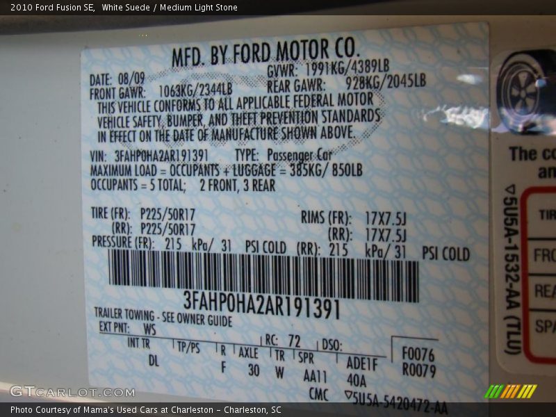 White Suede / Medium Light Stone 2010 Ford Fusion SE