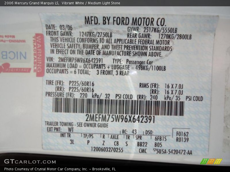 Vibrant White / Medium Light Stone 2006 Mercury Grand Marquis LS