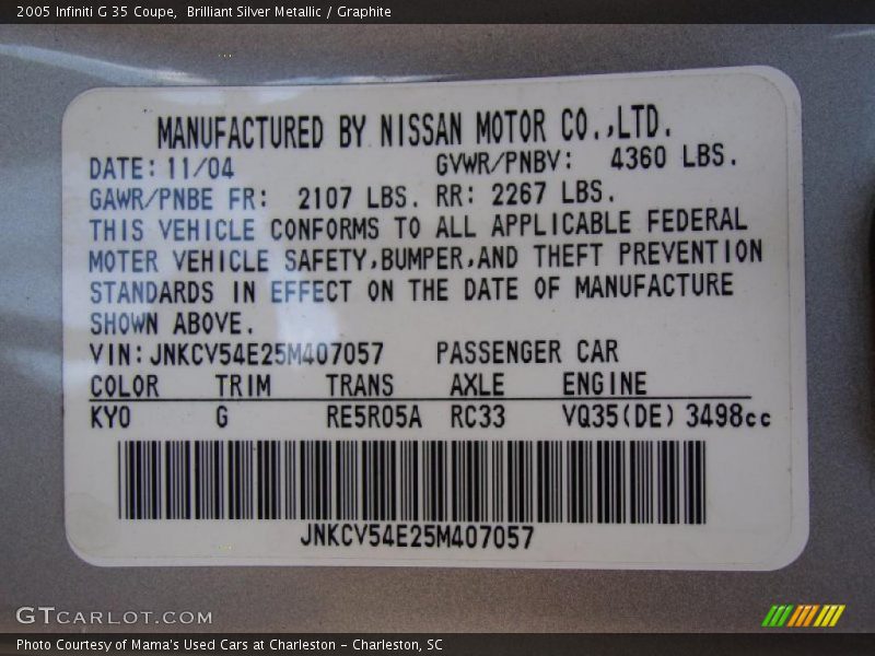 Brilliant Silver Metallic / Graphite 2005 Infiniti G 35 Coupe