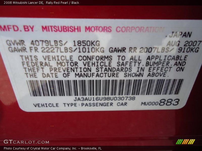 Rally Red Pearl / Black 2008 Mitsubishi Lancer DE