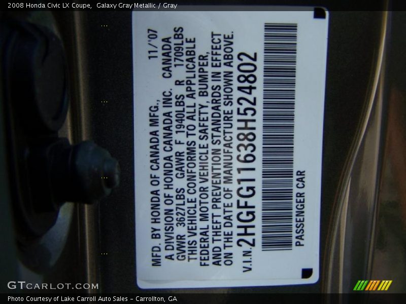 Galaxy Gray Metallic / Gray 2008 Honda Civic LX Coupe