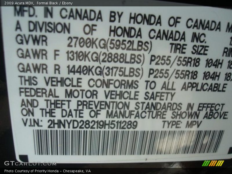 Formal Black / Ebony 2009 Acura MDX