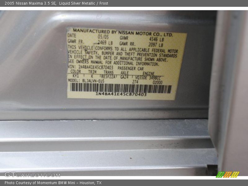Liquid Silver Metallic / Frost 2005 Nissan Maxima 3.5 SE