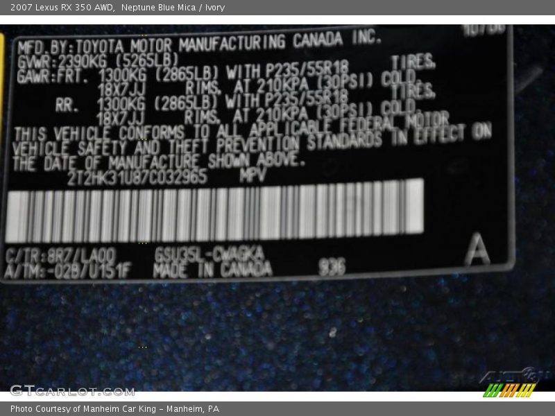 Neptune Blue Mica / Ivory 2007 Lexus RX 350 AWD