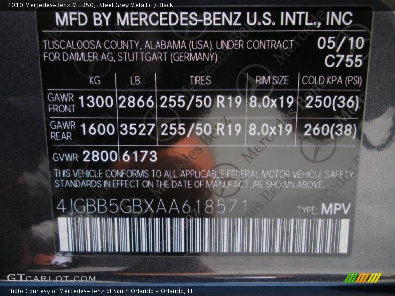 Steel Grey Metallic / Black 2010 Mercedes-Benz ML 350