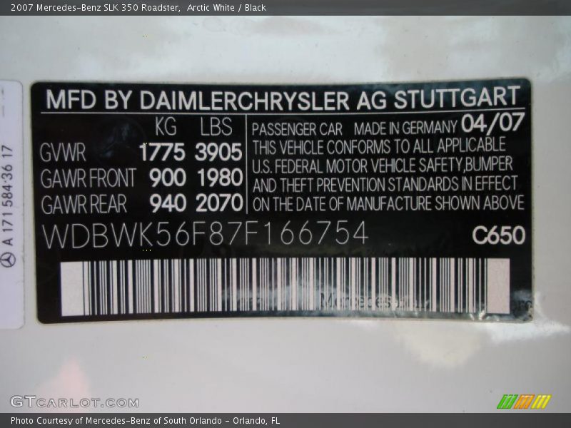 Arctic White / Black 2007 Mercedes-Benz SLK 350 Roadster