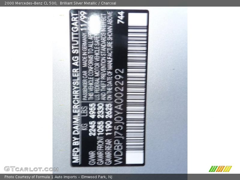 Brilliant Silver Metallic / Charcoal 2000 Mercedes-Benz CL 500
