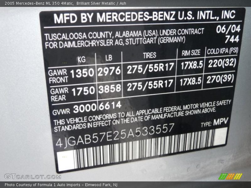 Brilliant Silver Metallic / Ash 2005 Mercedes-Benz ML 350 4Matic
