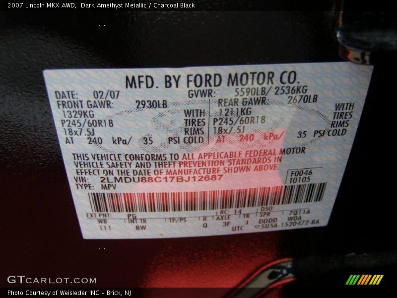 2007 MKX AWD Dark Amethyst Metallic Color Code PG