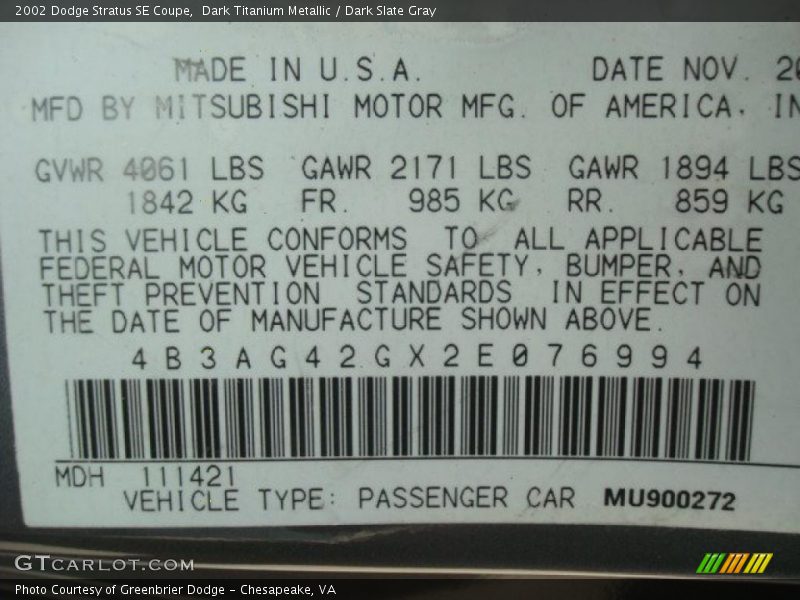 Dark Titanium Metallic / Dark Slate Gray 2002 Dodge Stratus SE Coupe