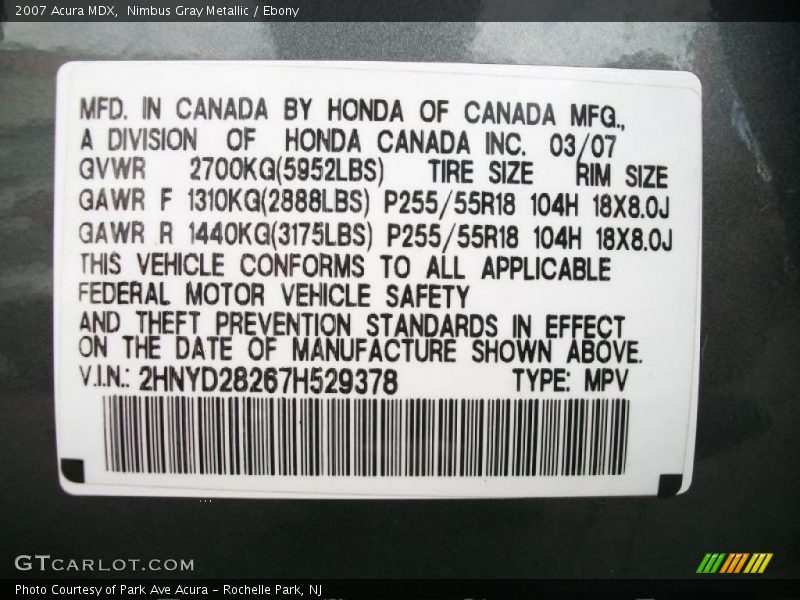 Nimbus Gray Metallic / Ebony 2007 Acura MDX