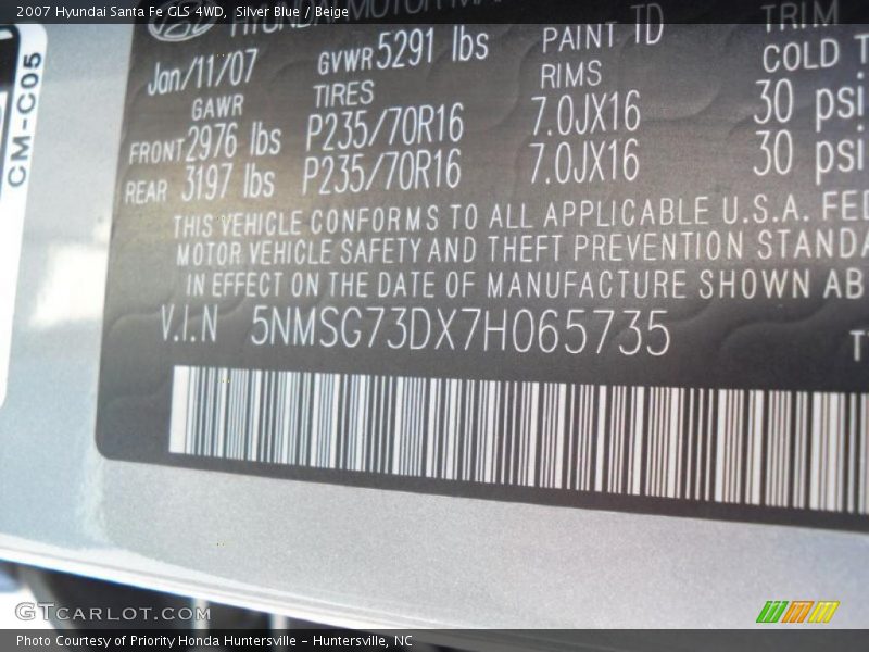 Silver Blue / Beige 2007 Hyundai Santa Fe GLS 4WD
