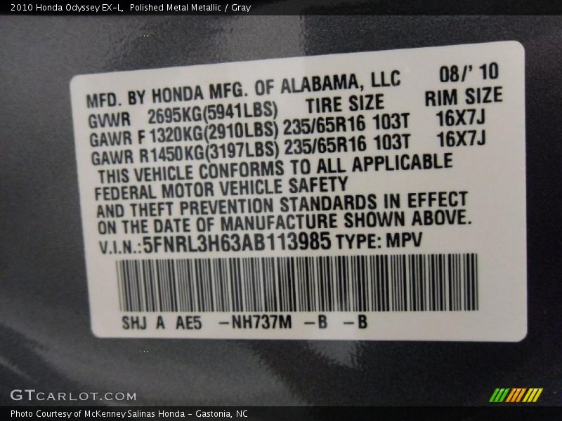 Polished Metal Metallic / Gray 2010 Honda Odyssey EX-L