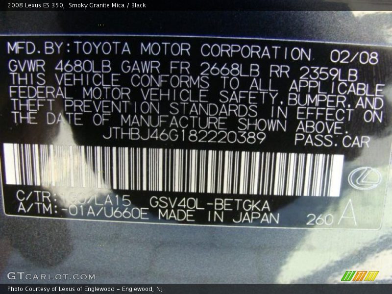 Smoky Granite Mica / Black 2008 Lexus ES 350