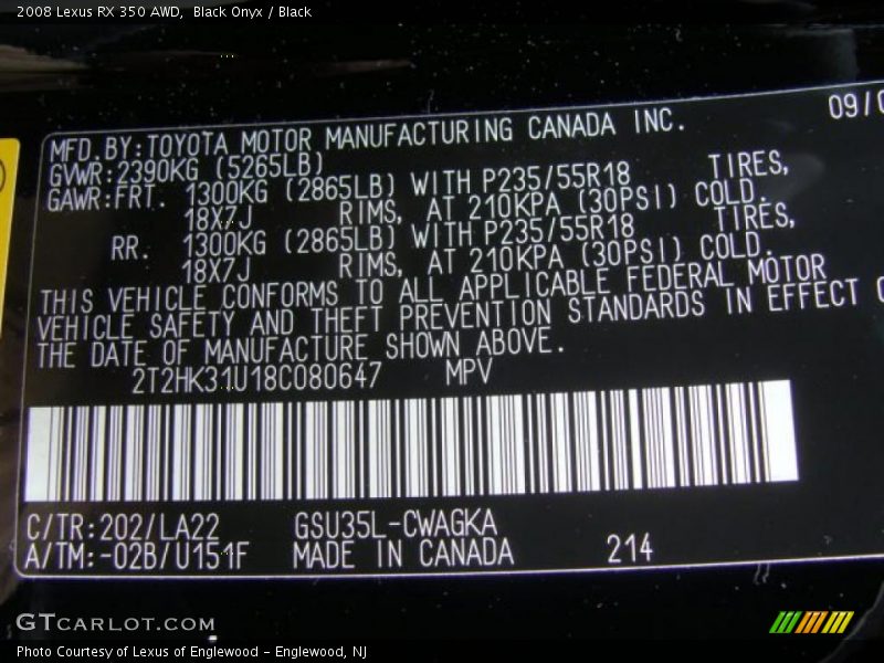 Black Onyx / Black 2008 Lexus RX 350 AWD