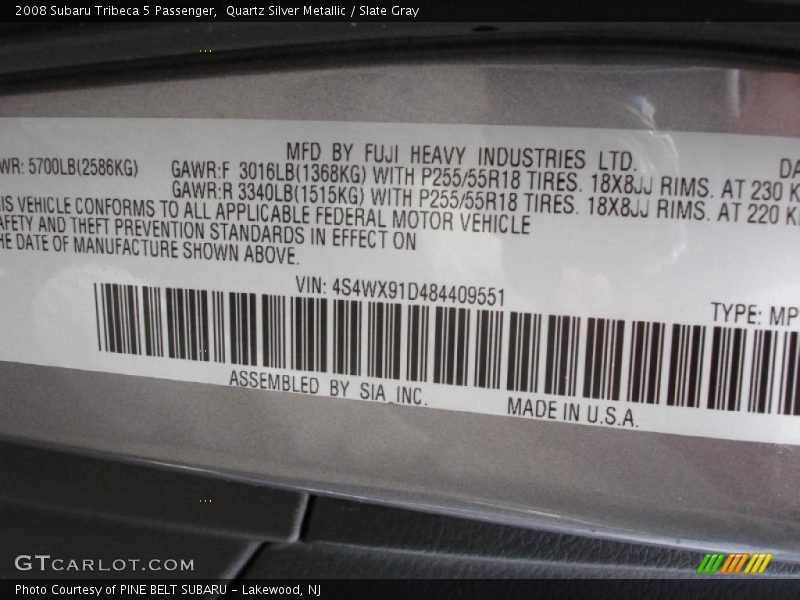 Quartz Silver Metallic / Slate Gray 2008 Subaru Tribeca 5 Passenger