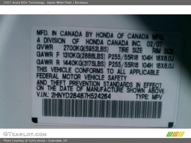 Aspen White Pearl / Bordeaux 2007 Acura MDX Technology