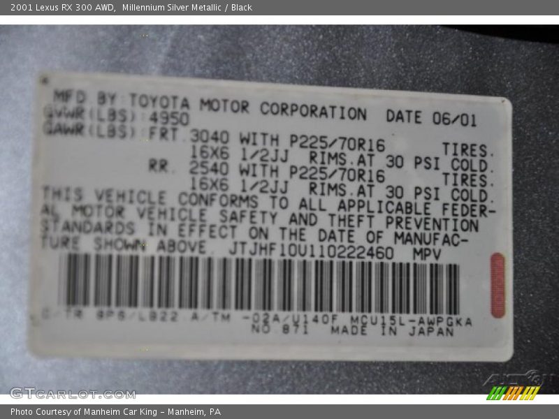 Millennium Silver Metallic / Black 2001 Lexus RX 300 AWD