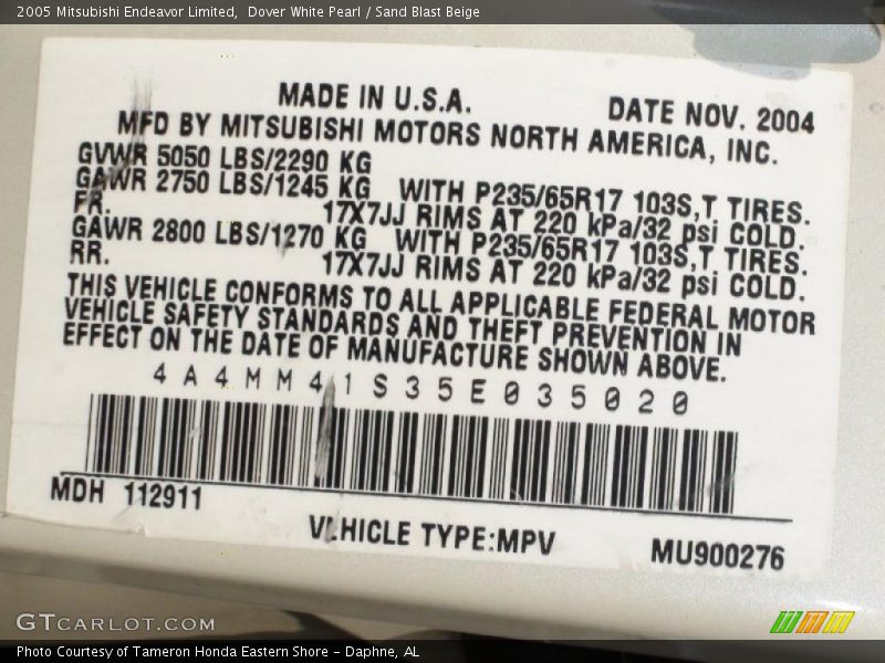Dover White Pearl / Sand Blast Beige 2005 Mitsubishi Endeavor Limited