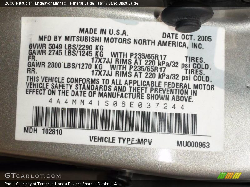 Mineral Beige Pearl / Sand Blast Beige 2006 Mitsubishi Endeavor Limited
