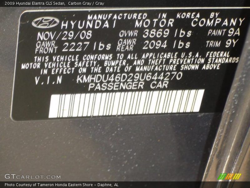 Carbon Gray / Gray 2009 Hyundai Elantra GLS Sedan
