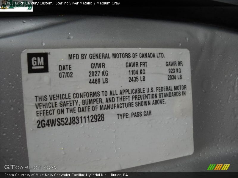Sterling Silver Metallic / Medium Gray 2003 Buick Century Custom