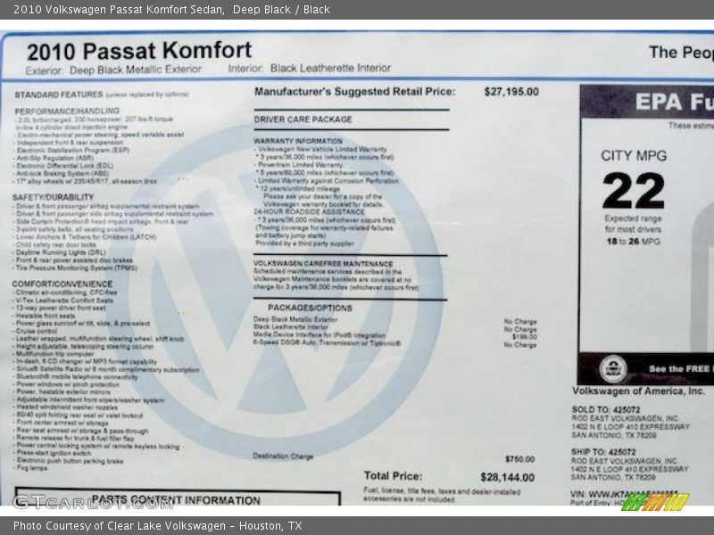 Deep Black / Black 2010 Volkswagen Passat Komfort Sedan